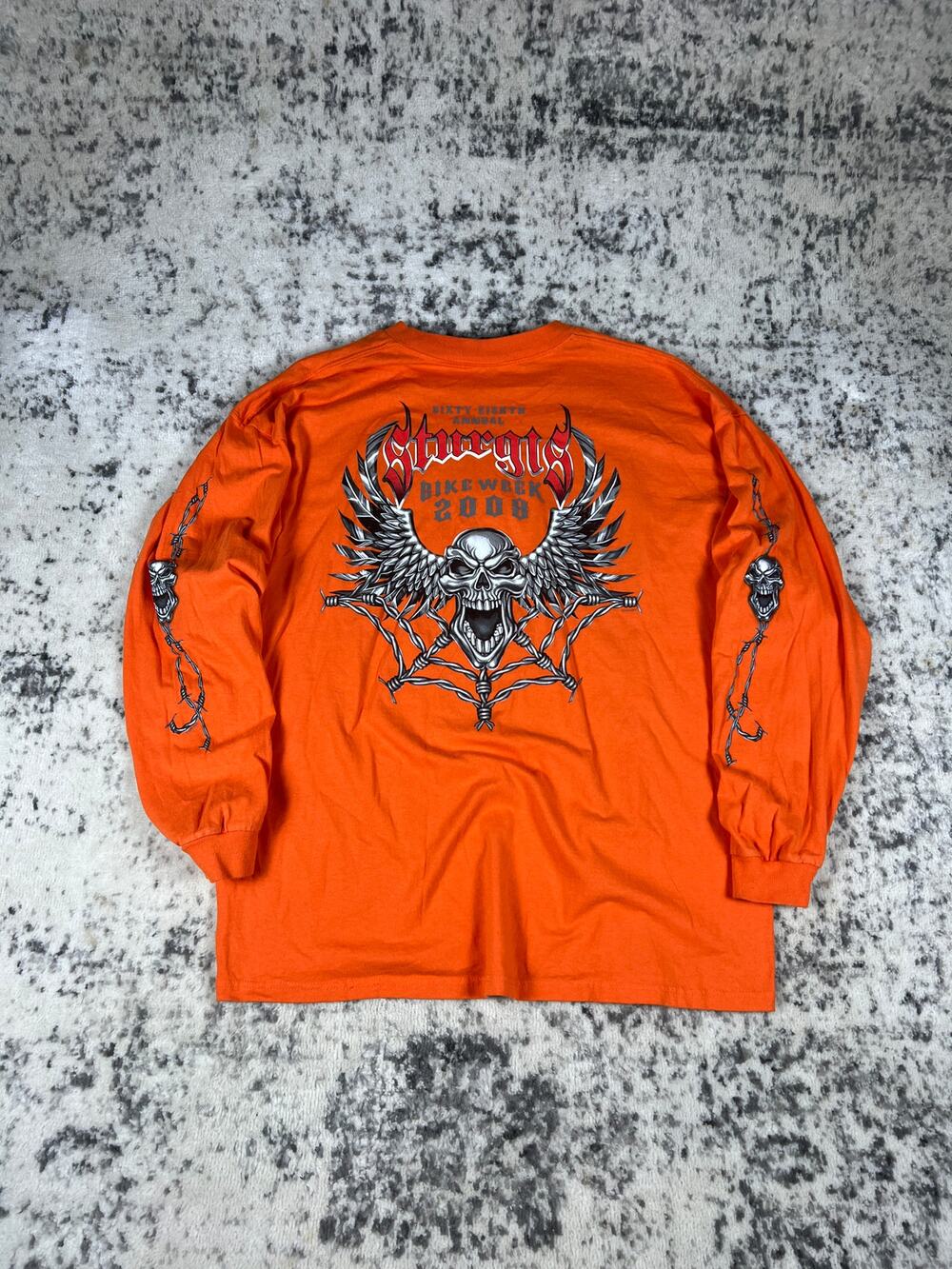 VTG Sturgis Bike Week Orange Long Sleeve Shirt 2XL Skull Graphic